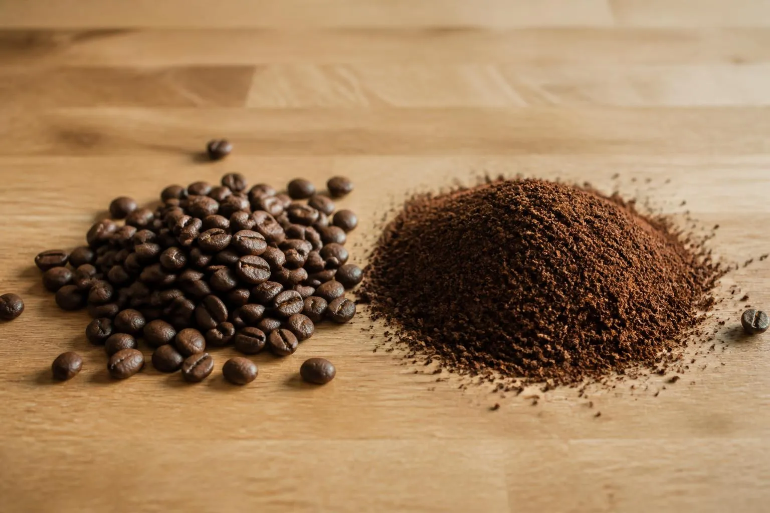 Des grains de café entiers et une mouture fine posés côte à côte sur un plan de travail en bois.