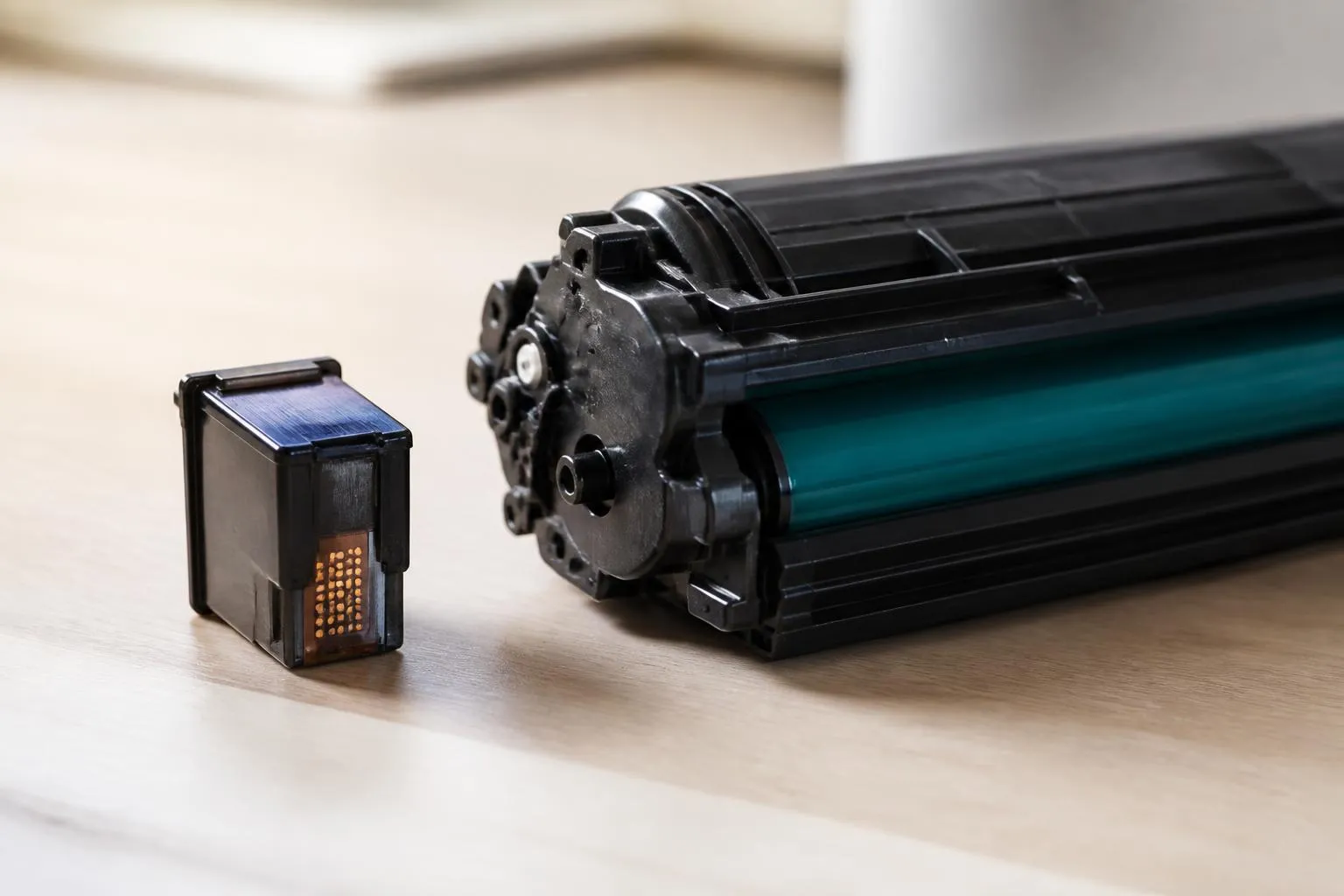 Une cartouche d'encre et un toner laser posés côte à côte sur un plan de travail.